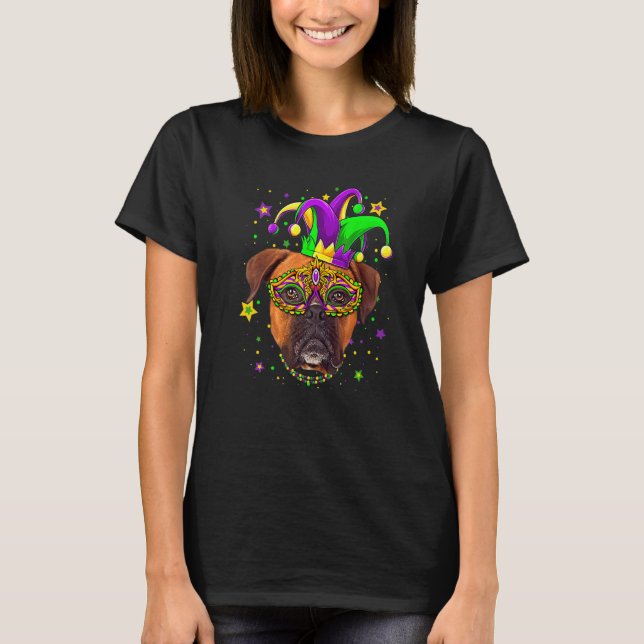 Funny Mardi Gras Boxer Dog Beads Mask Mardi Gras P T-Shirt (Front)