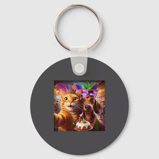 Funny Mardi Gras Cat Dachshund Selfie Squad  Key Ring (Front)
