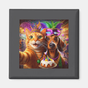 Funny Mardi Gras Cat Dachshund Selfie Squad  Magnet