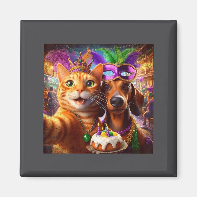 Funny Mardi Gras Cat Dachshund Selfie Squad  Magnet (Front)
