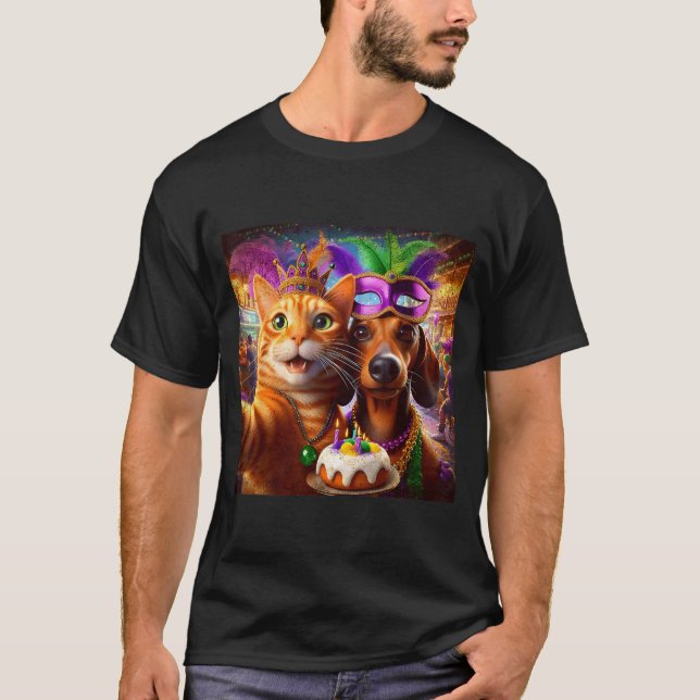 Funny Mardi Gras Cat Dachshund Selfie Squad  T-Shirt (Front)