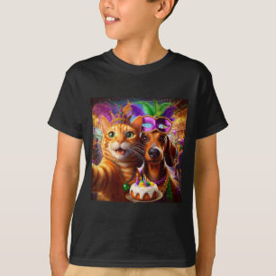 Funny Mardi Gras Cat Dachshund Selfie Squad T-Shirt