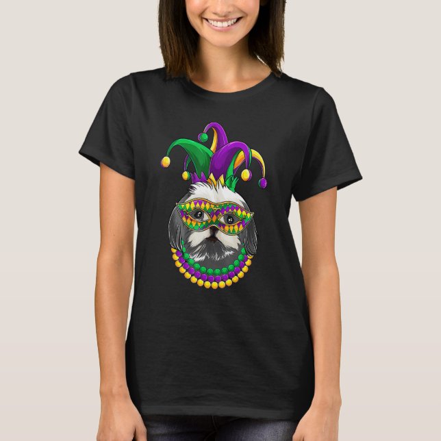 Funny Mardi Gras Dog Apparel, Shih Tzu Dog Mom Dad T-Shirt (Front)