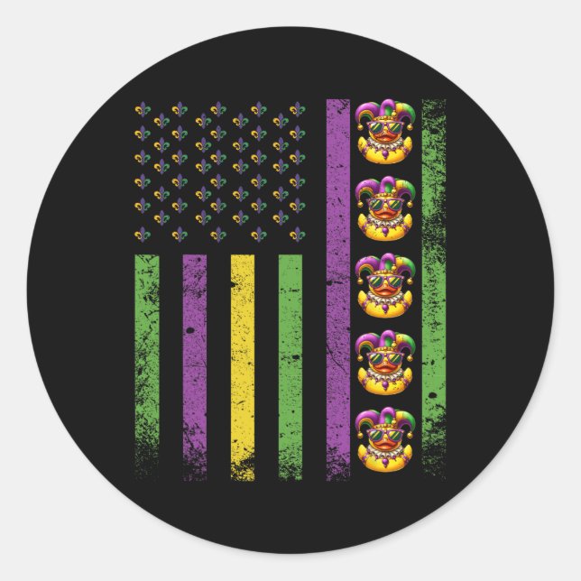 Funny Mardi Gras Ducks Usa Flag Beads Rubber Duck  Classic Round Sticker (Front)