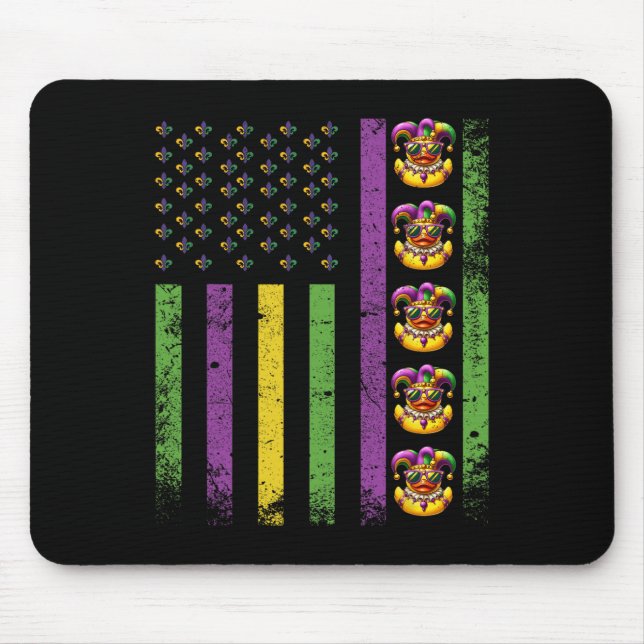 Funny Mardi Gras Ducks Usa Flag Beads Rubber Duck  Mouse Pad (Front)