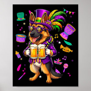 Funny Mardi Gras German Shepherd Dog Drinking Vint Poster