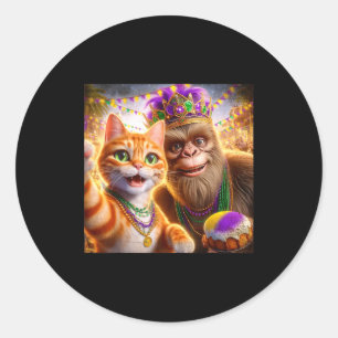 Funny Mardi Gras Selfie Cat Bigfoot Quote _1  Classic Round Sticker