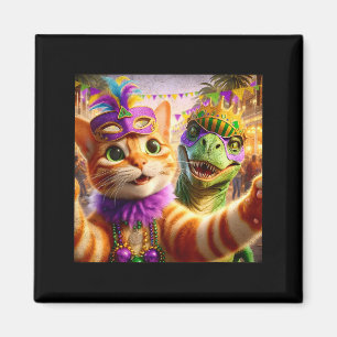 Funny Mardi Gras Selfie Cat Dinosaur Quote _1 Magnet