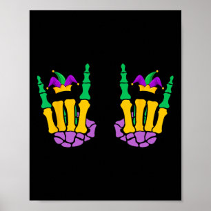 Funny Mardi Gras Skeleton Hands Rock On Devil Horn Poster