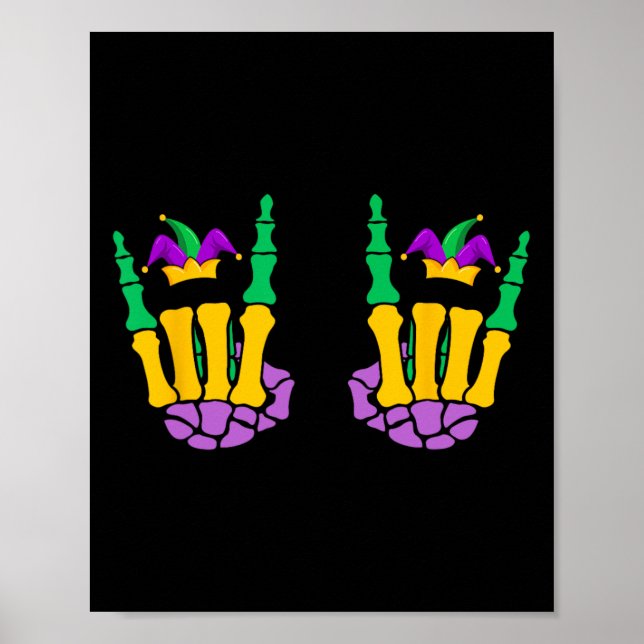 Funny Mardi Gras Skeleton Hands Rock On Devil Horn Poster (Front)
