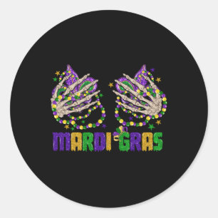 Funny Mardi Gras Skeleton Hands With Beads And Fle Classic Round Sticker