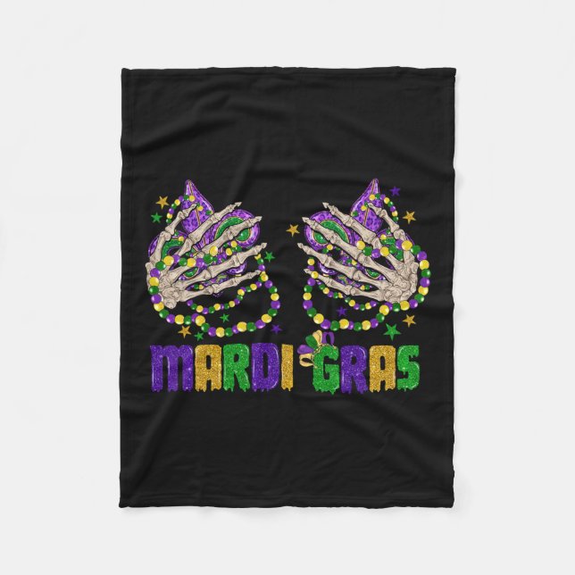 Funny Mardi Gras Skeleton Hands With Beads And Fle Fleece Blanket (Front)