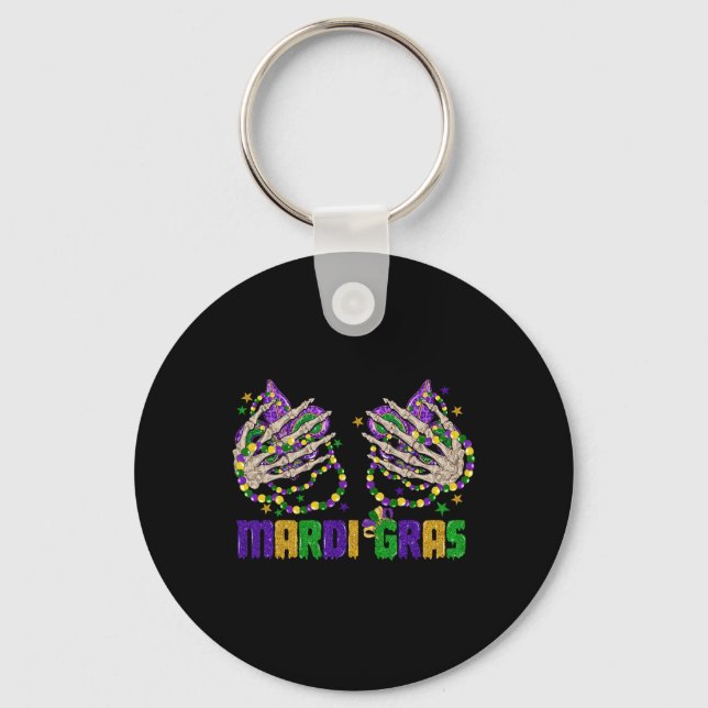 Funny Mardi Gras Skeleton Hands With Beads And Fle Key Ring (Front)