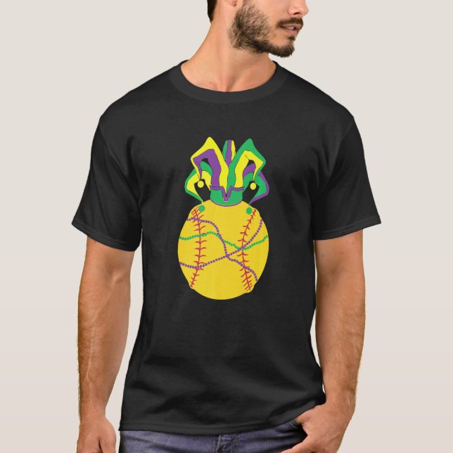 Funny Mardi Gras Softball Jester Hat Funny Festiva T-Shirt (Front)