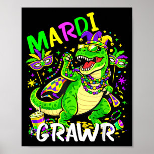 Funny Mardi Grawr T-rex Dino Retro Mardi Gras Dino Poster