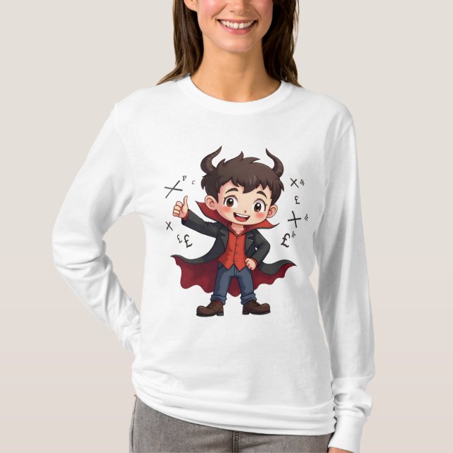 Funny Math Teacher Cartoon – Devilish Educator  T-Shirt (Front)