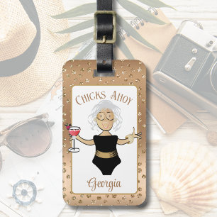 Funny Mature Brown Woman Cartoon Cruise Tropical Luggage Tag