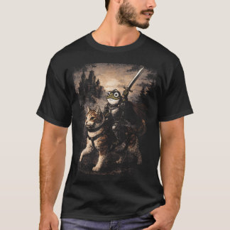Funny Mediaeval Frog Knight Riding Cat Sword Meme T-Shirt