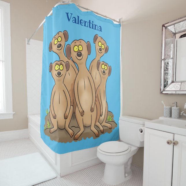 Funny meerkat family cartoon illustration shower curtain (In Situ)