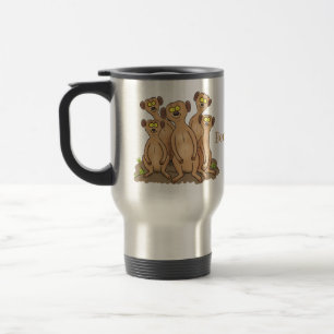 Funny meerkat family cartoon illustration travel mug