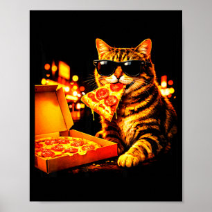 Funny meme cat meme with sunglasses eat pizza poster