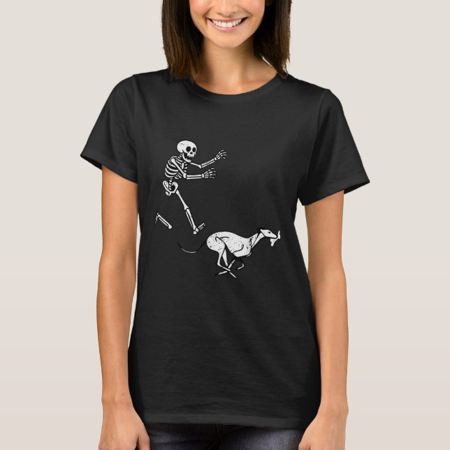 Funny Meme Greyhound Running Skeleton Halloween  T-Shirt (Front)