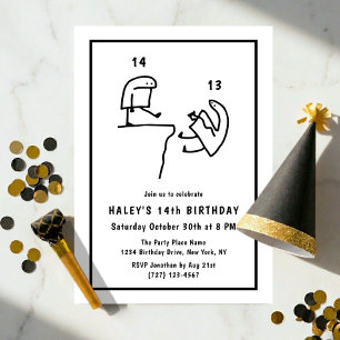 Funny Meme Humour Simple Black White 14th Birthday Invitation
