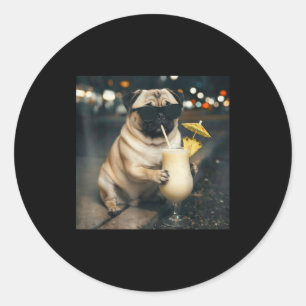 Funny meme pug drinking pina colada classic round sticker