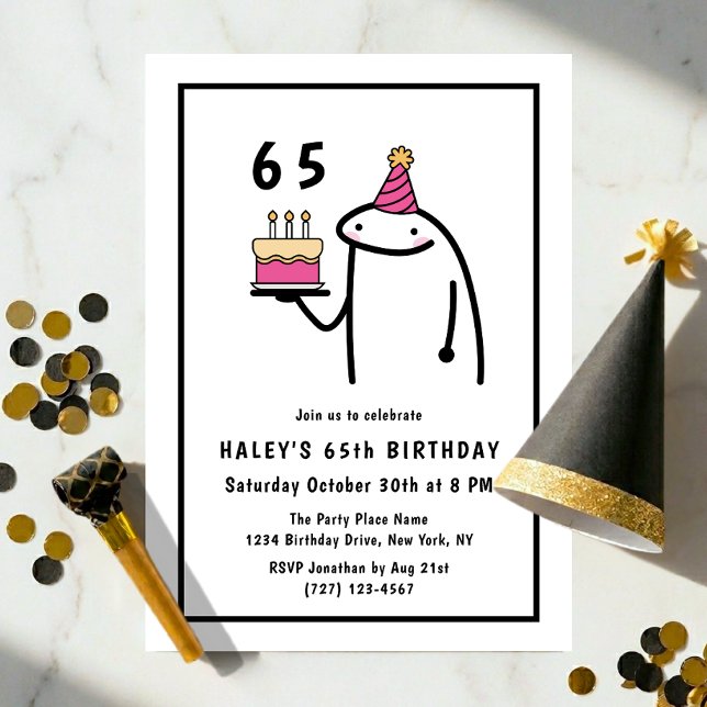 Funny Meme Simple Black & White 65th Birthday Invitation (Creator Uploaded)