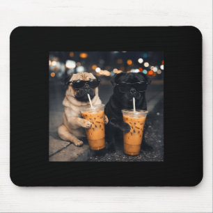 Funny meme two pugs drinking iced coffee mouse pad