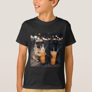 Funny meme two pugs drinking iced coffee T-Shirt