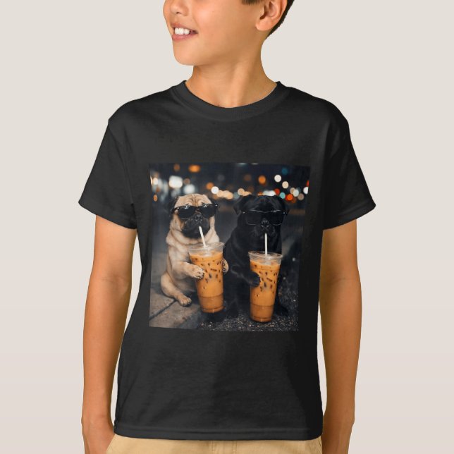 Funny meme two pugs drinking iced coffee  T-Shirt (Front)