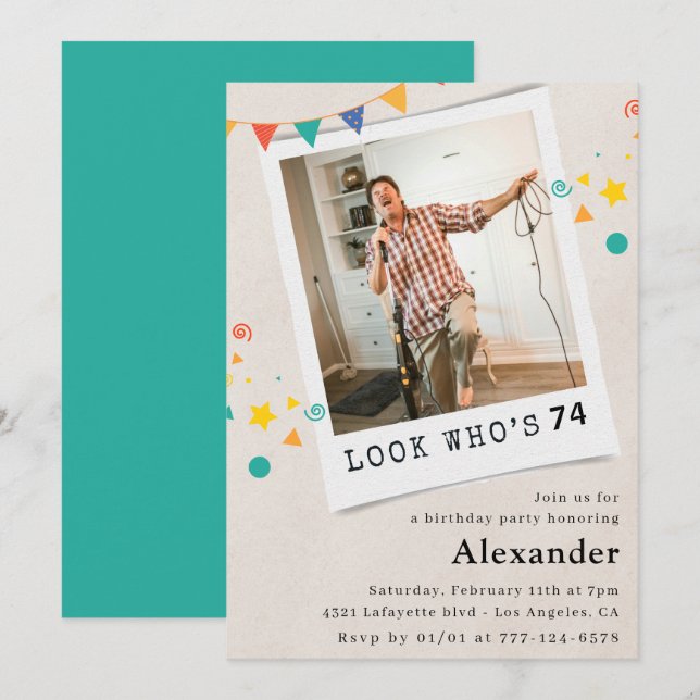 Funny Men 74th birthday invitations Fun Photo (Front/Back)