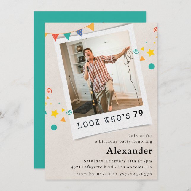 Funny Men 79th birthday invitations Fun Photo (Front/Back)