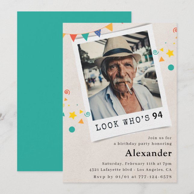 Funny Men 94th birthday invitations Fun Photo (Front/Back)