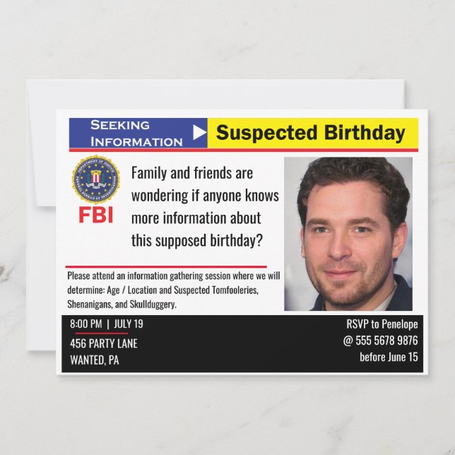 Funny Mens Birthday Suspect Seeking Information Invitation (Front)