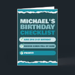 Funny Men's Name Blue Checklist Profit Birthday  Card<br><div class="desc">This funny men's birthday card features a checklist with three steps - 1. Have epic birthday. 2. Receive cards full of cash. 3. Profit!. Add your loved one's name and age to personalise it, or edit all elements in the Zazzle design tool. ••• For more cool birthday cards, visit my...</div>