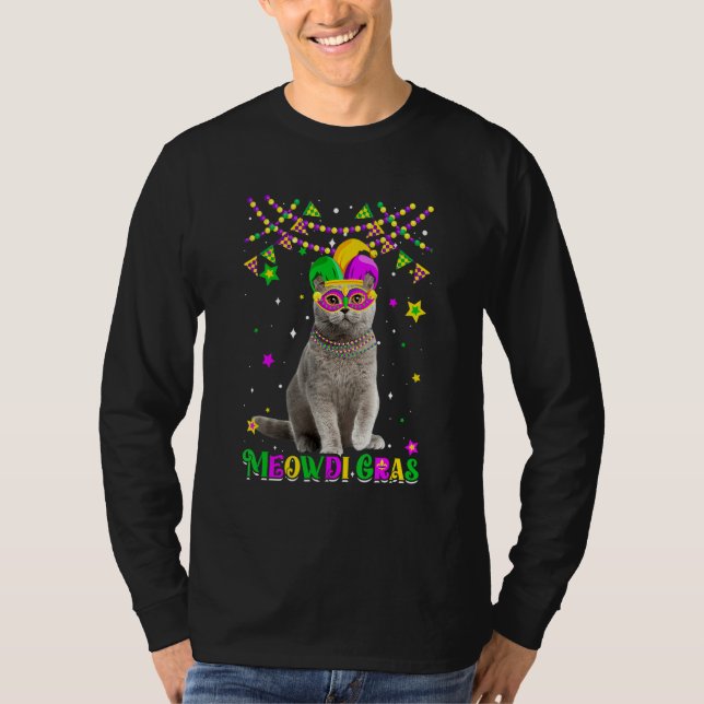 Funny Meowdi Gras British Shorthair Cat Mardi Gras T-Shirt (Front)