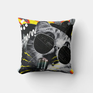 Funny Meown Cat Music Retro Collage Throw Pillow