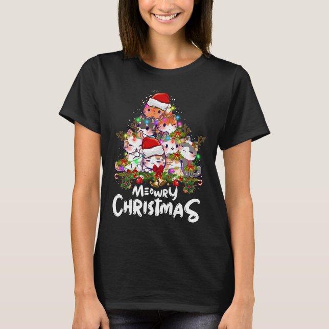 Funny Meowry Christmas tree lights Christmas Gift T-Shirt (Front)