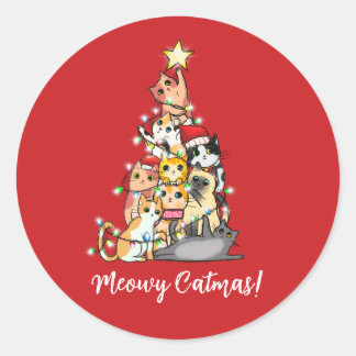 Funny Meowy Catmas Cats Christmas Tree Classic Round Sticker