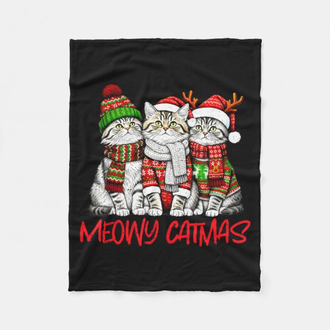 Funny Meowy Catmas Christmas Cats Ugly Sweater Gra Fleece Blanket (Front)