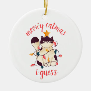 Funny Meowy Catmas I Guess Sarcastic Pun Photo Ceramic Tree Decoration