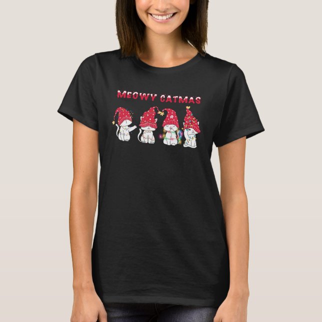 Funny Meowy Catmas Xmas Cat Tree Light Christmas K T-Shirt (Front)