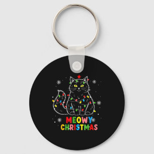 Funny Meowy Christmas Xmas Lights Black Cat Pajama Key Ring