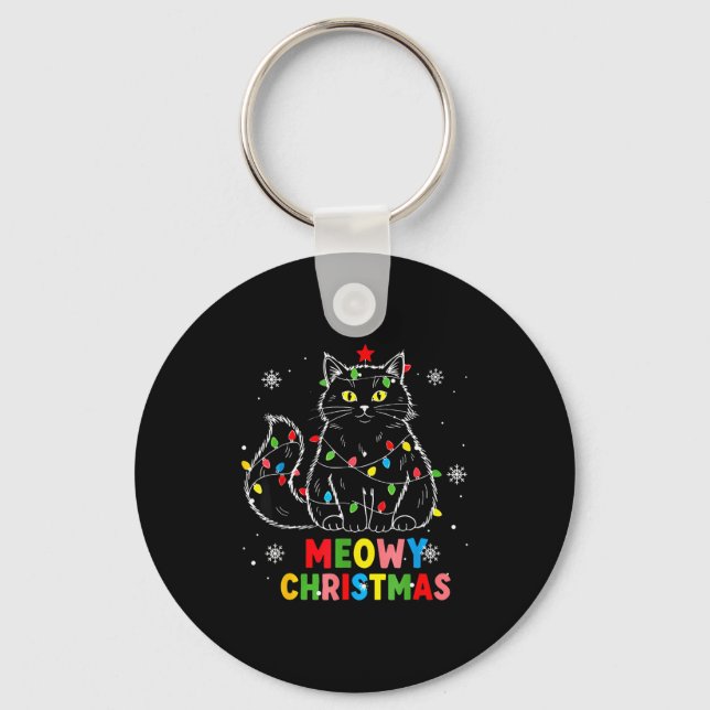 Funny Meowy Christmas Xmas Lights Black Cat Pajama Key Ring (Front)