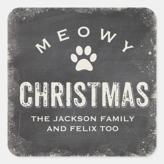Funny Meowy Merry Christmas Cat Paw Custom Square Sticker (Front)