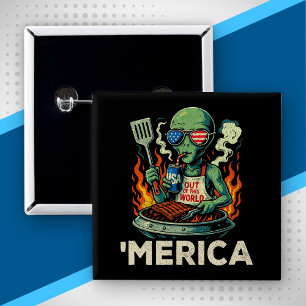 Funny ’Merica Alien BBQ Grilling Patriotic Retro 15 Cm Square Badge