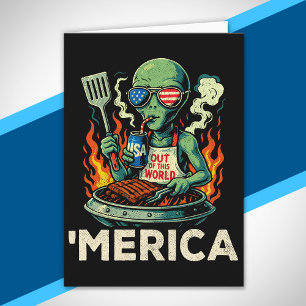 Funny ’Merica Alien BBQ Grilling Patriotic Retro Card