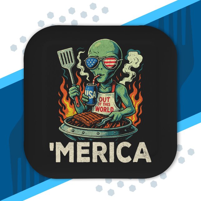 Funny ’Merica Alien BBQ Grilling Patriotic Retro Paper Plate (Creator Uploaded)